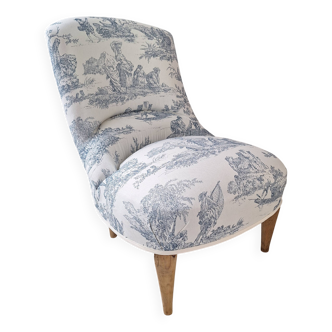Fauteuil crapaud toile de Jouy bleu