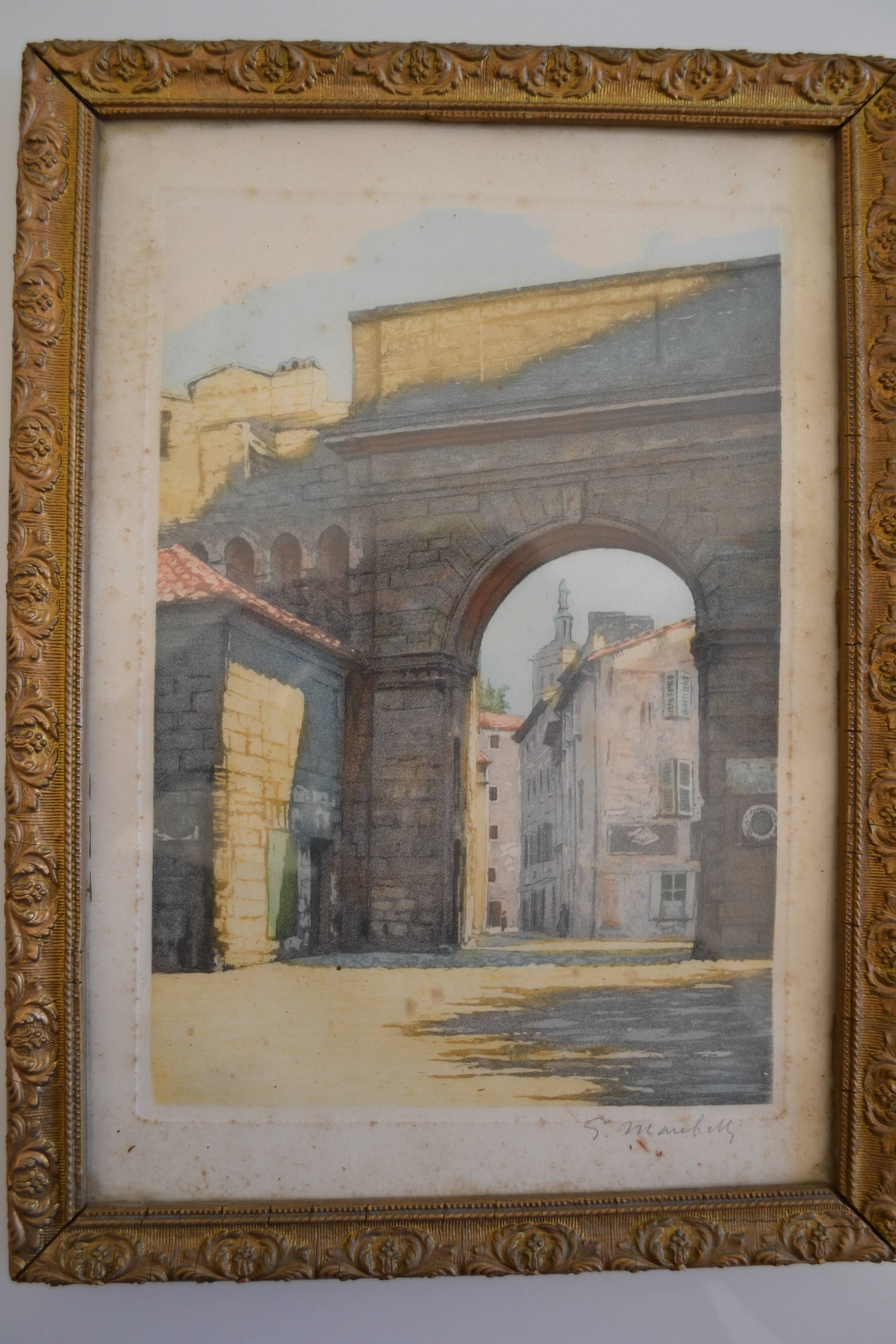The Rhône Gate in Avignon around 1900, aquatint engraving signed.