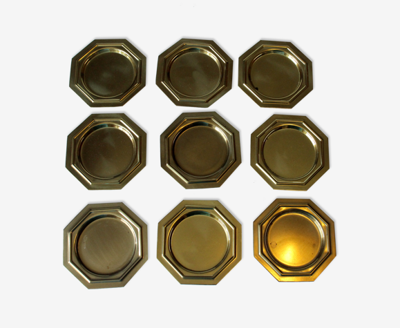 9 brass coasters, octagonal, vintage from the 1970s