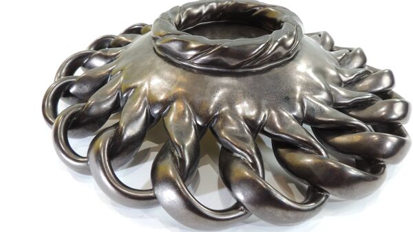 Coupe céramique tressée brun irisé et jaune/ centre de table/Coupe à fruits / Vallauris / Vintage