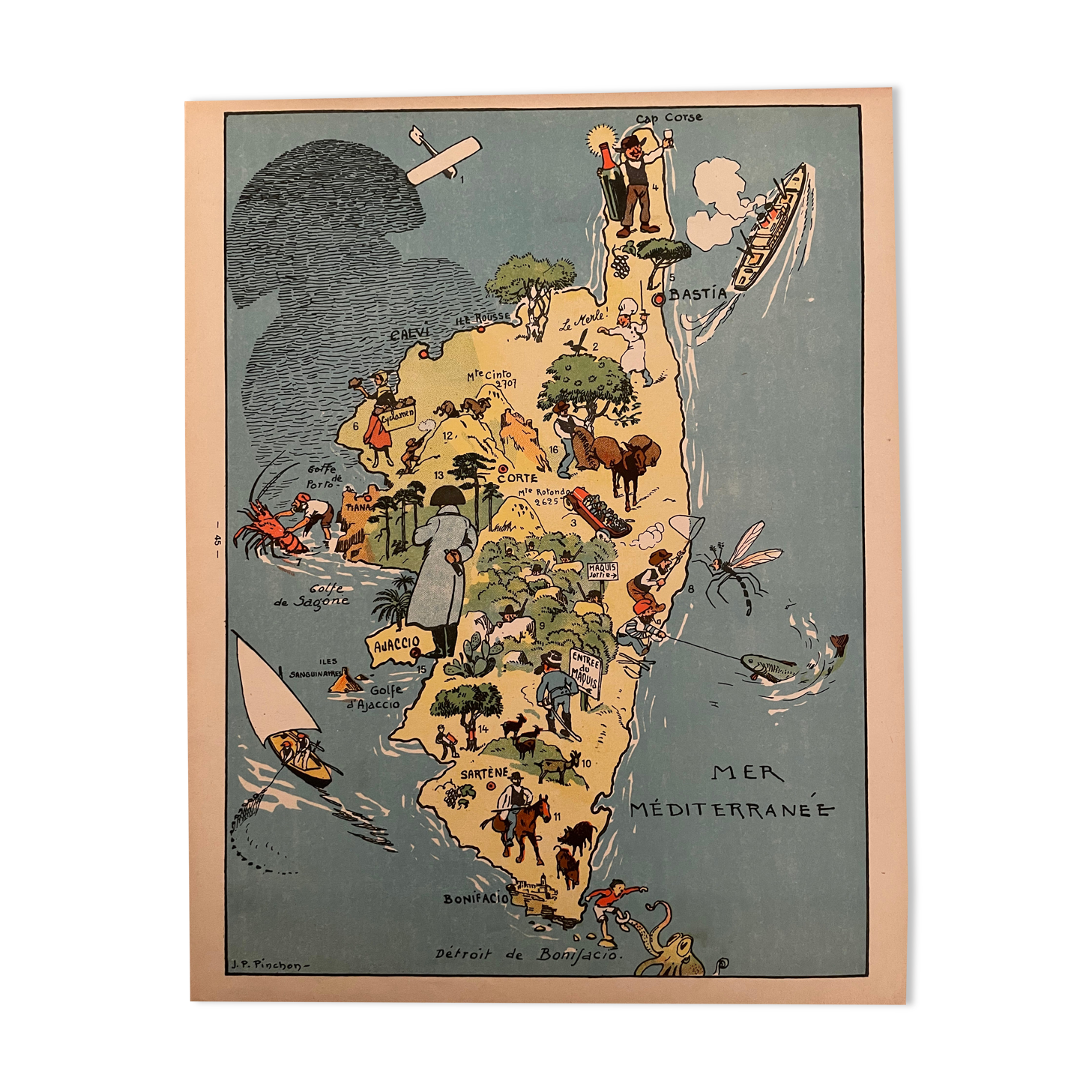 Old illustrated map of Corsica 1932 - JP Pinchon