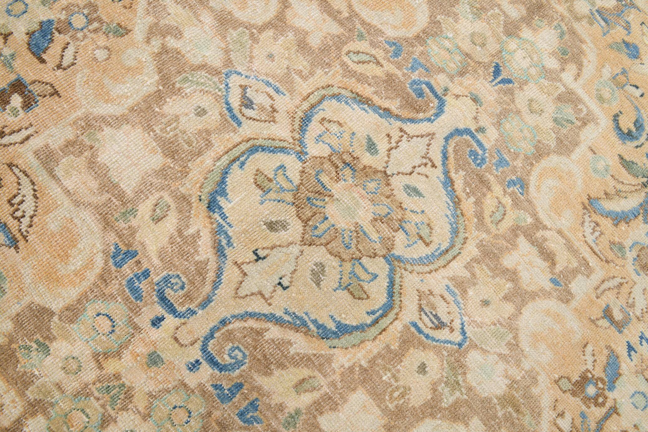 Tapis Persan Ancien Grand Format – Laine Nouée Main, Tons Beige & Bleu