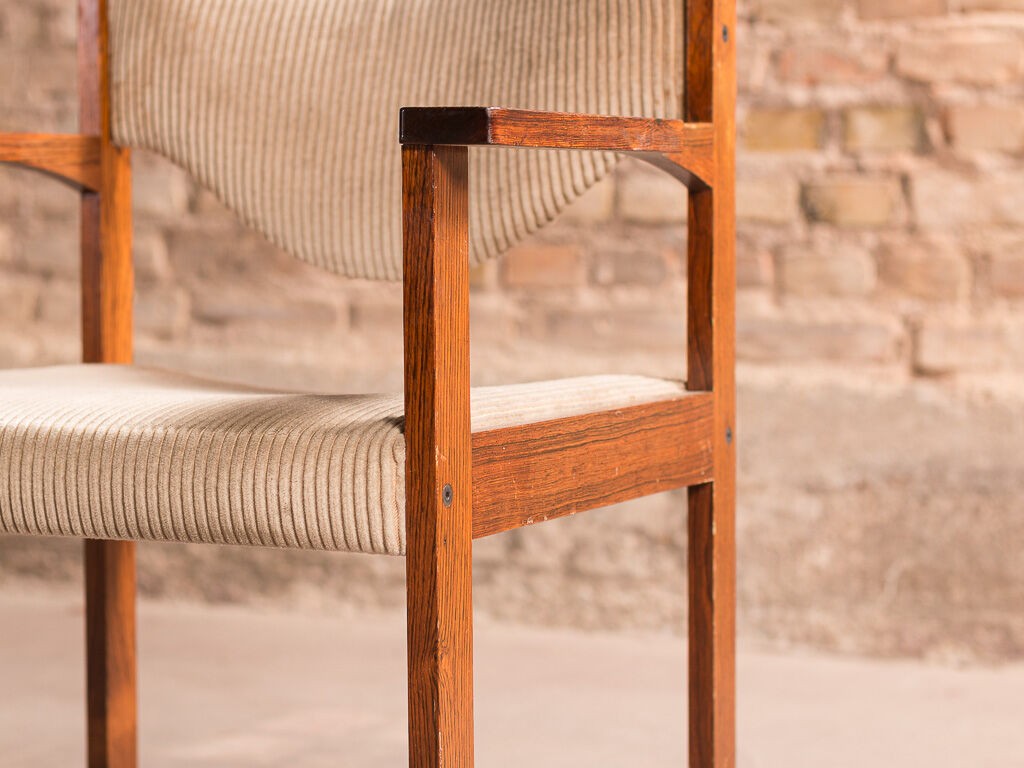 Scandinavian rosewood chairs with armrests, velvet fabrics (x6)