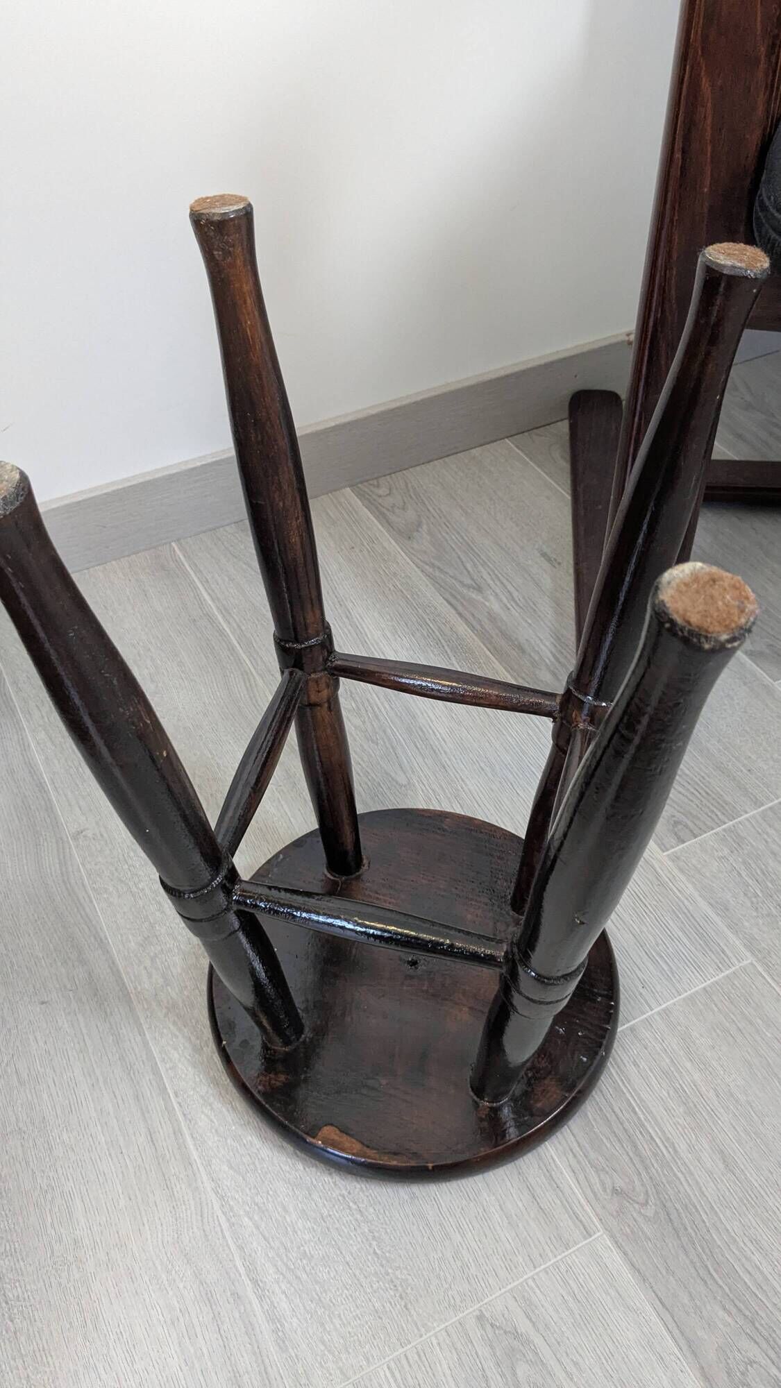 Old turned wooden bistro stool – dark brown patina