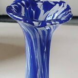 Murano style floral vase. Corolla neck, speckled cobalt blue & white. Dim 24 x 10 cm