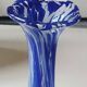 Murano style floral vase. Corolla neck, speckled cobalt blue & white. Dim 24 x 10 cm