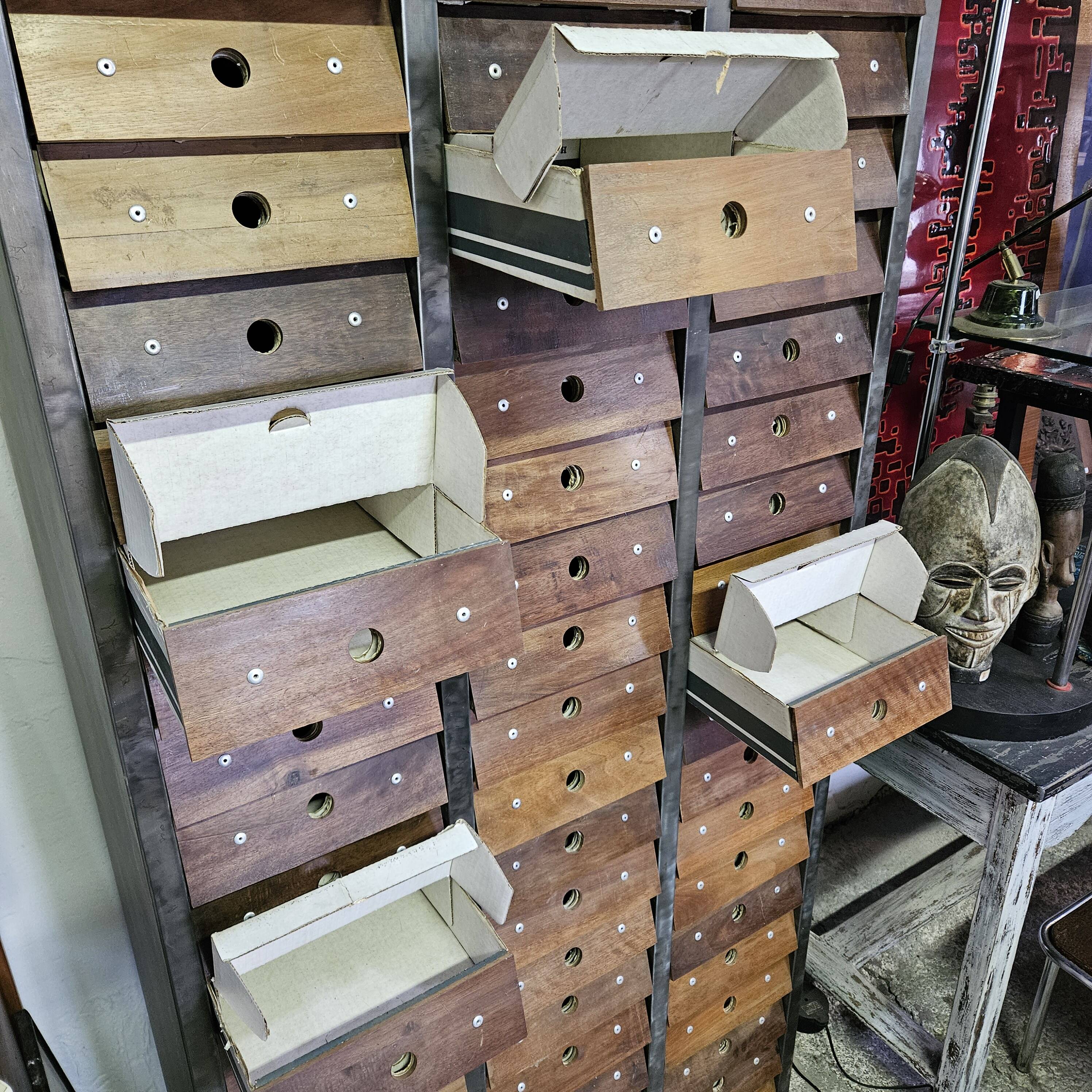 Clem industrial cabinet with 60 A4-sized drawers and riveted walnut fronts