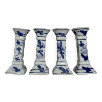 Set of 4 ceramic candle holders in white blue floral pattern