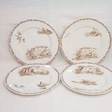 Set of 4 flat plates in Creil and Montereau earthenware model Marine, iron earth - Antique Fre