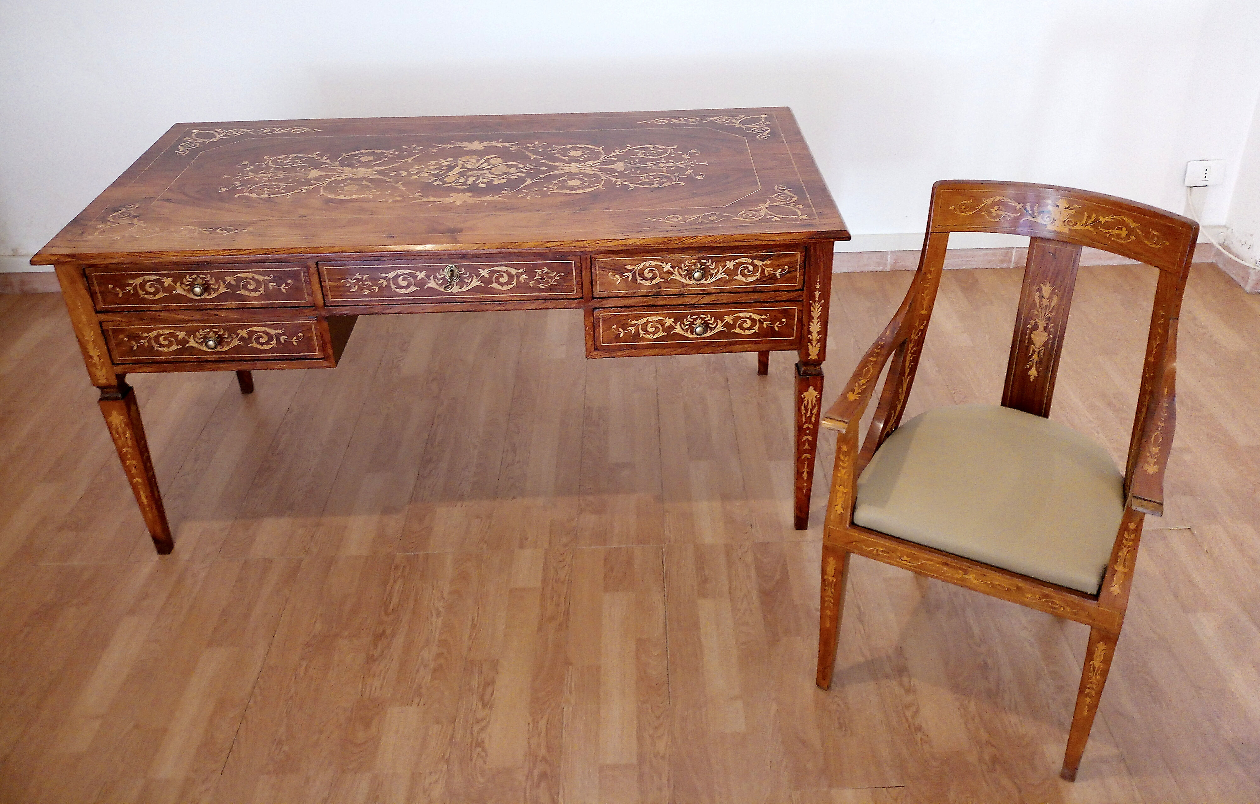 Louis XVI style italian bank desk and bench, 1920s