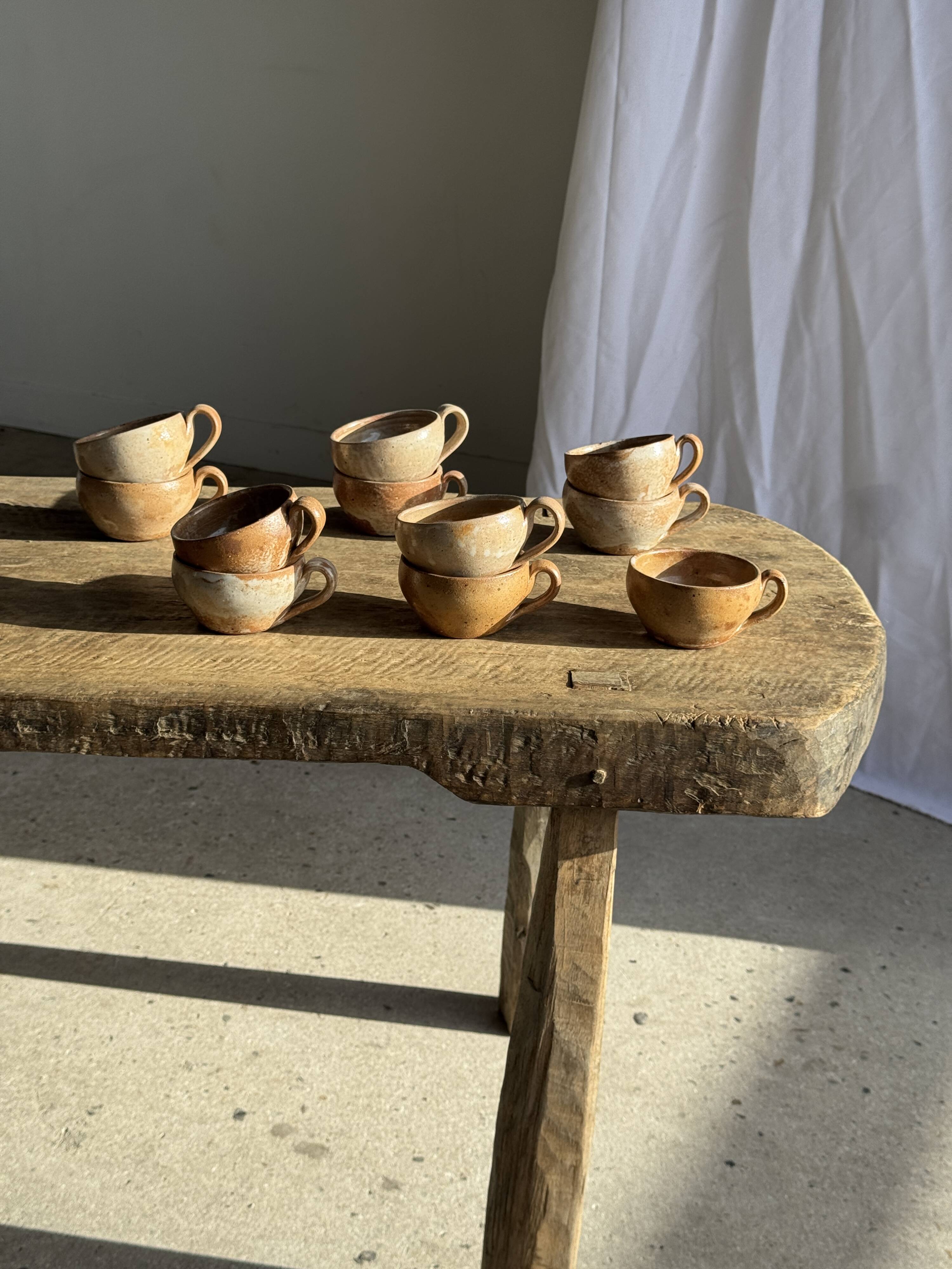 Set of 11 vintage coffee cups, raw matte stoneware H11