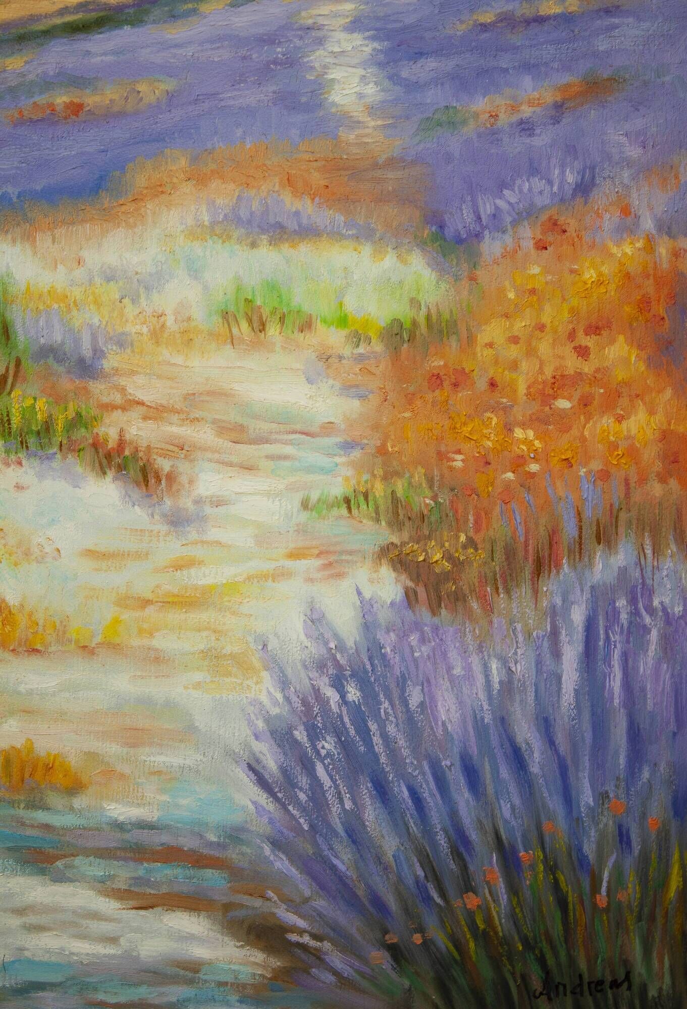 Oil painting on wooden panel, lavender landscape with lilacs and trees.
