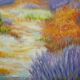 Oil painting on wooden panel, lavender landscape with lilacs and trees.