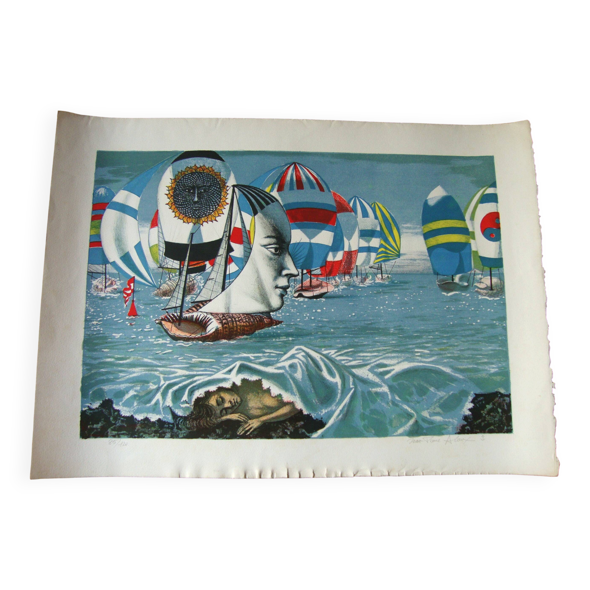 Lithograph by jean-pierre alaux (1925-2020) official painter of the navy