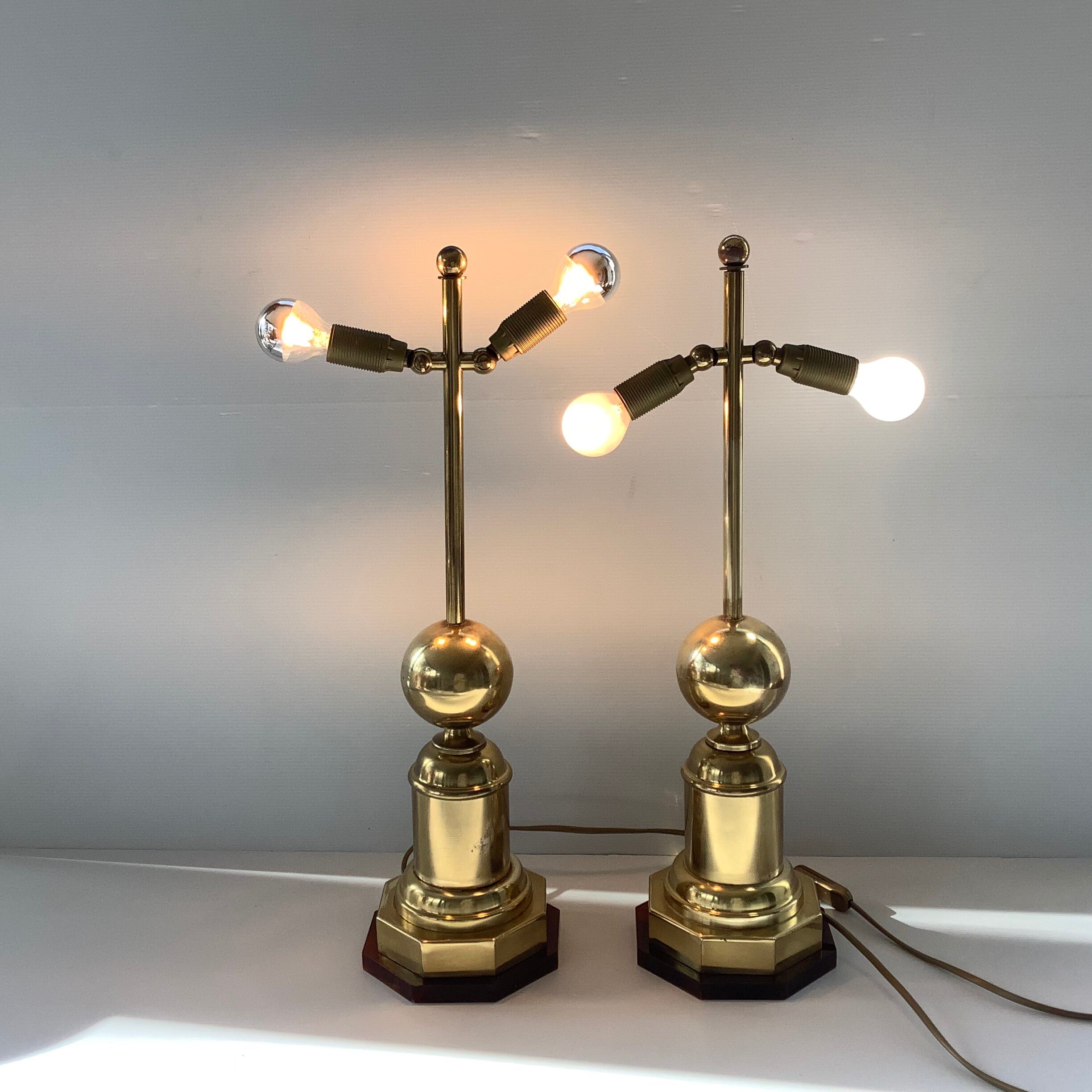 Pair of 2 Vintage Chic Articulated Brass Bakelite Amber Ball Lamps