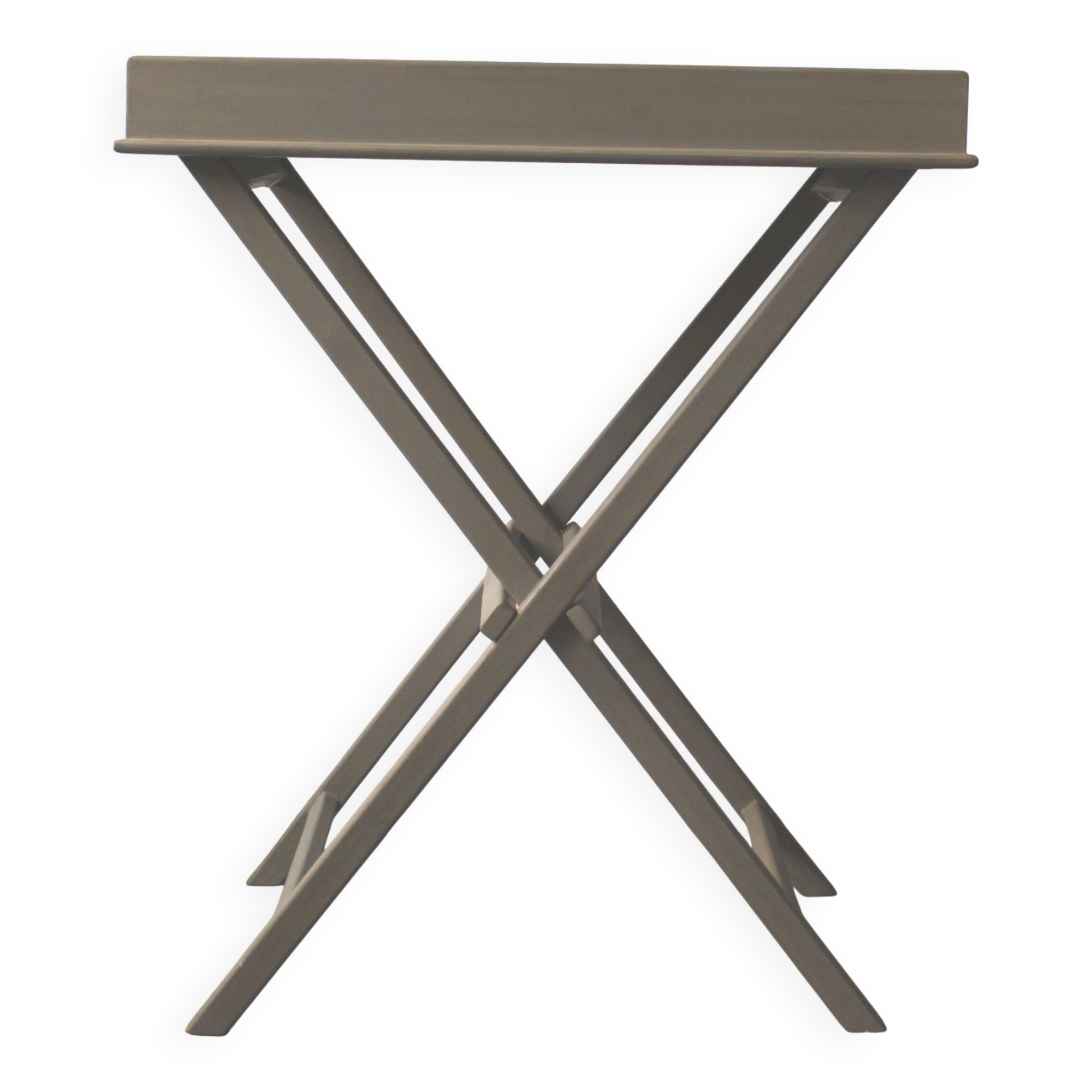 Folding and removable service tray in taupe-painted wood.
