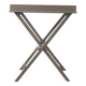 Folding and removable service tray in taupe-painted wood.