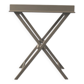 Folding and removable service tray in taupe-painted wood.