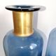 2 blue glass bottle vases with gold necks, 30 cm high