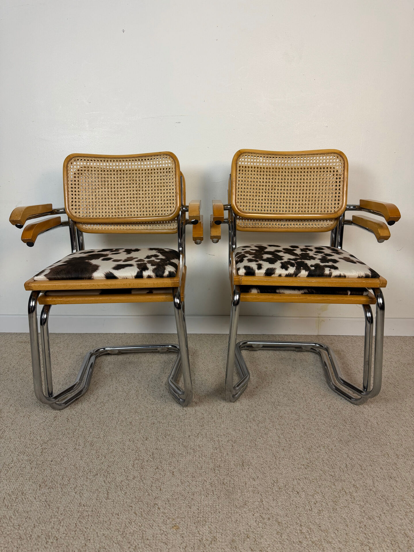 4 fauteuils cannés chrome et bois années 70