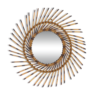 Round Sun Mirror in Rattan, 1960s
