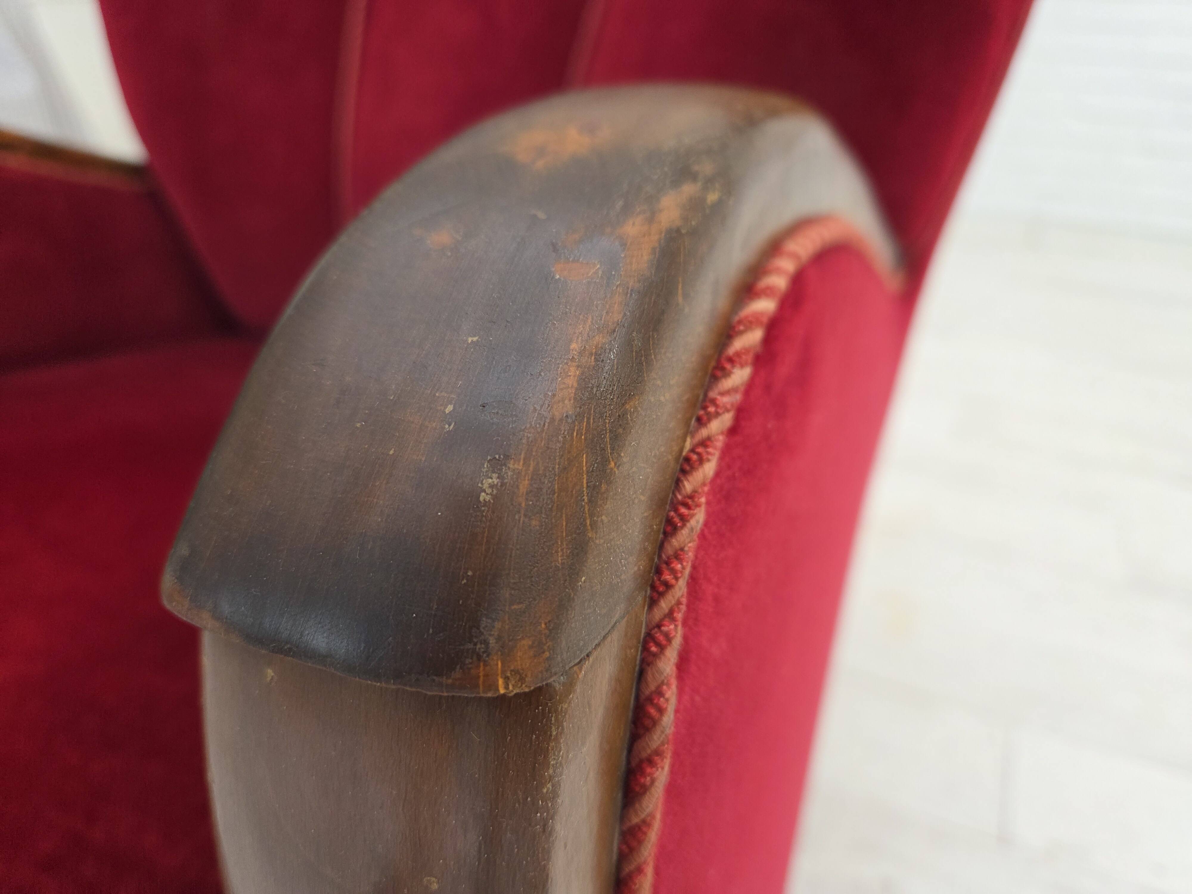 1950s, Danish relax armchair, cherry-red furniture velour, dark beech wood.