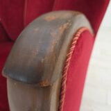 1950s, Danish relax armchair, cherry-red furniture velour, dark beech wood.