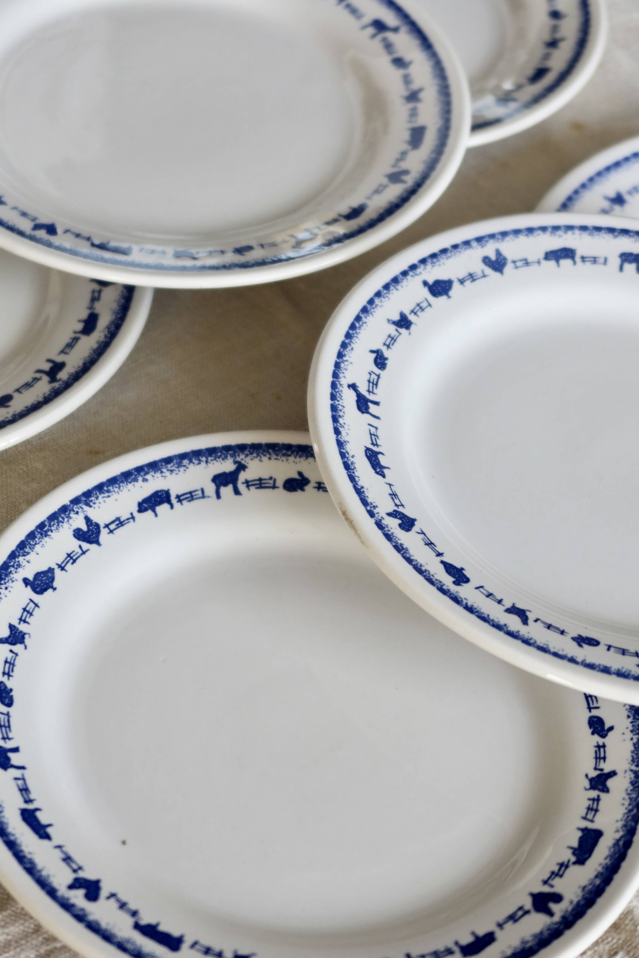 6 vintage white and blue earthenware dessert plates