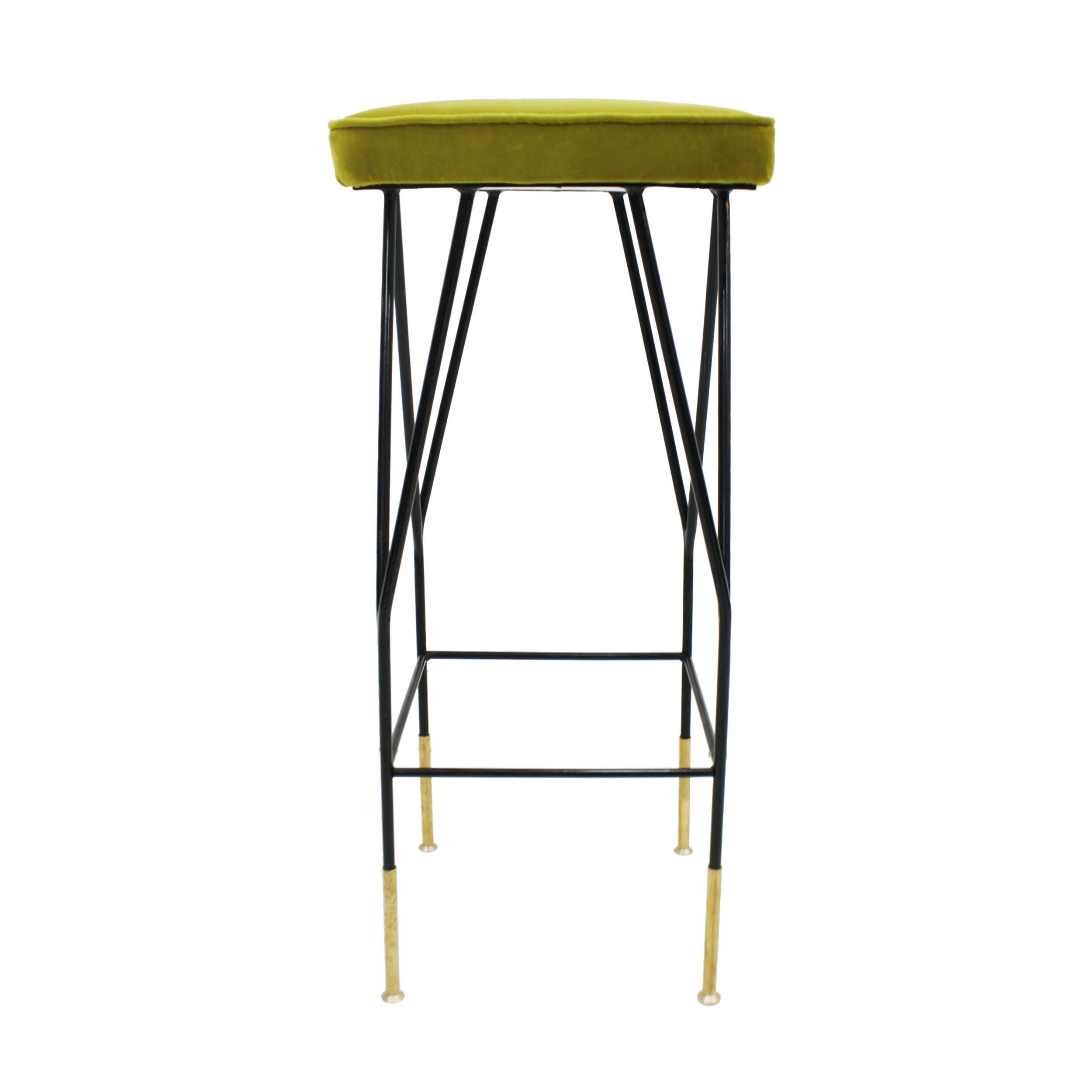 Italian Mid-Century Modern Square Black Lacquered Iron Lime Cotton Stools