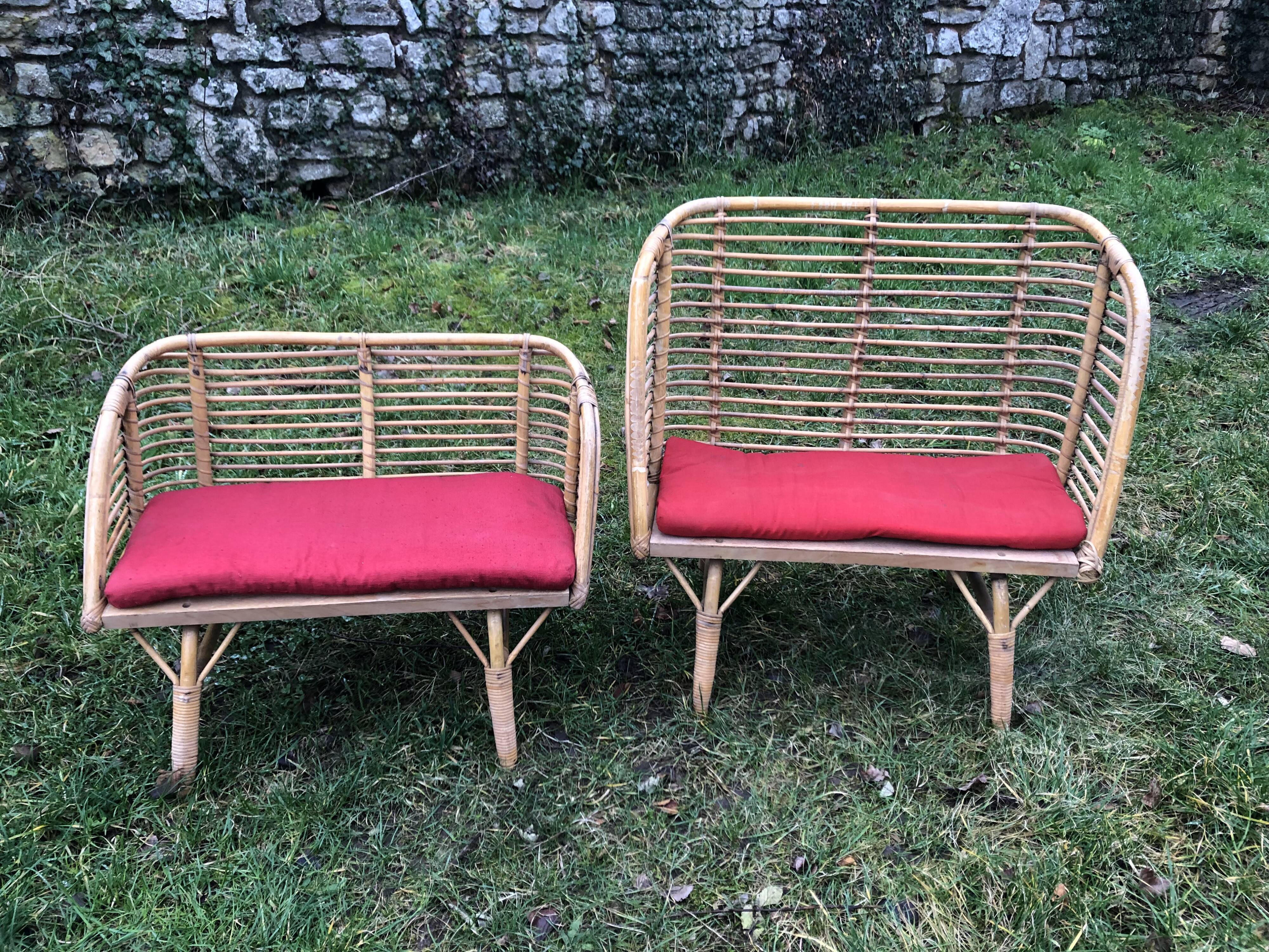 Bamboo rattan benches for kids vintage 60s
