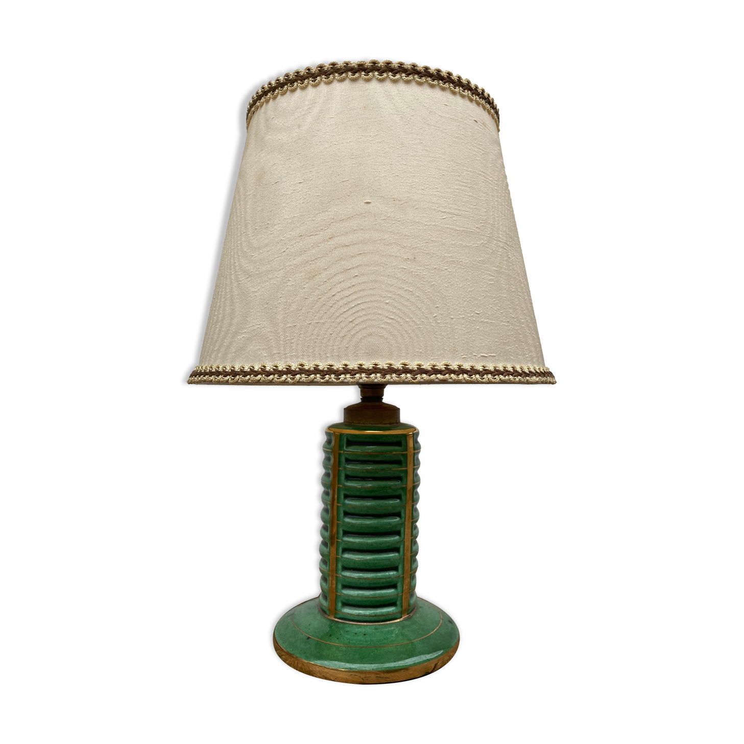 Art Deco table lamp in green ceramic and gold leaf from the 50s