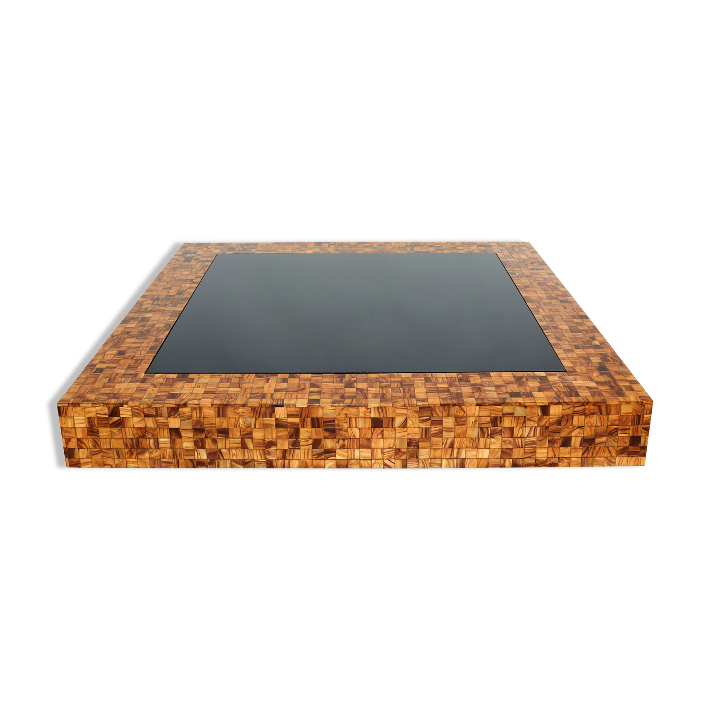 Table basse marqueterie de bois d’olivier par Sandro Petti 1970
