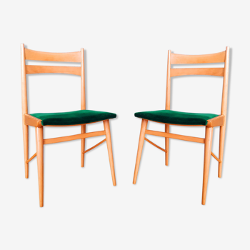 Beech wood and green velvet pair of chairs from 60s