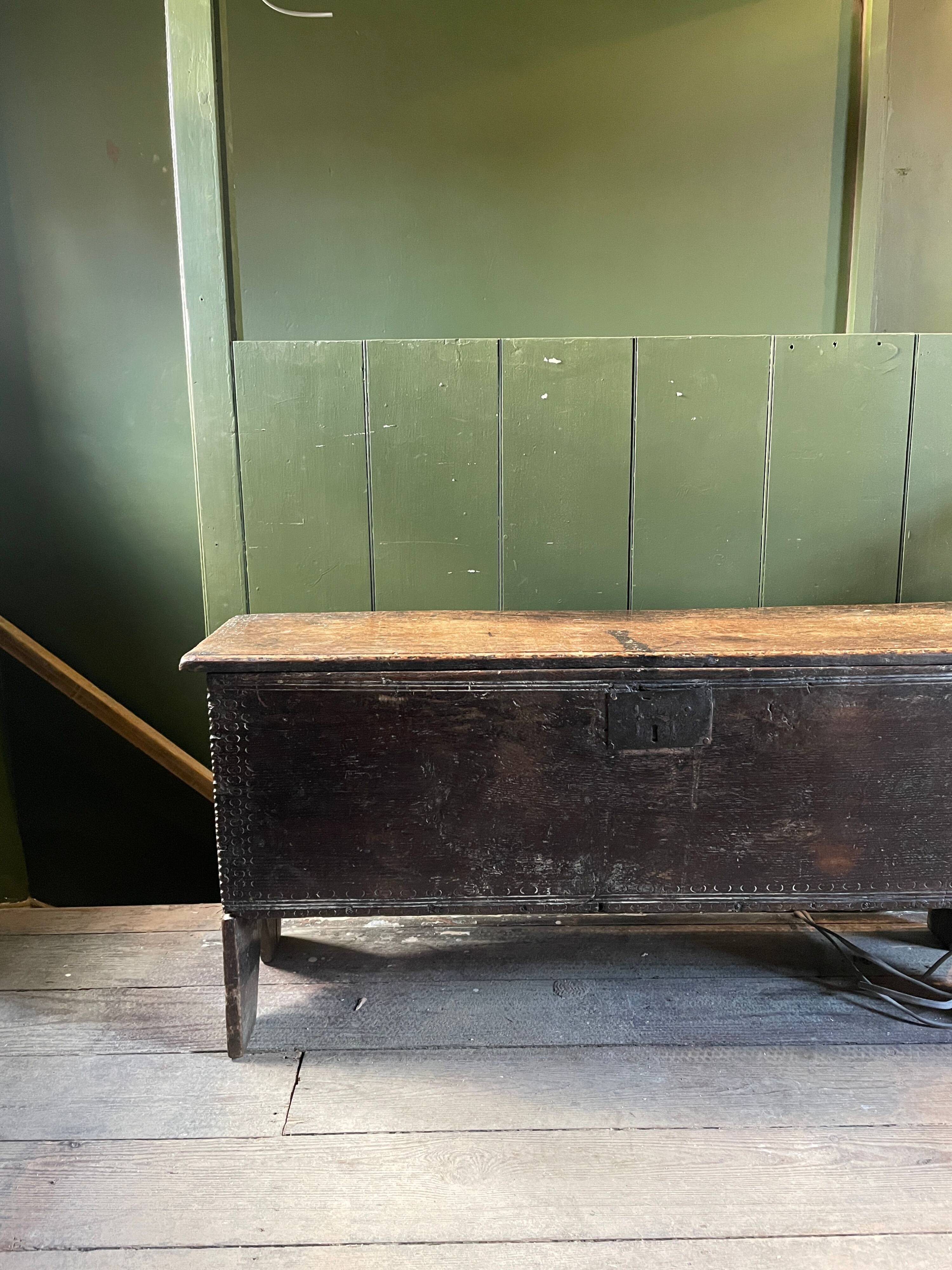 Large Heavy 18th Century Circa 1700 Primitive Carved Oak Sword Chest, Good