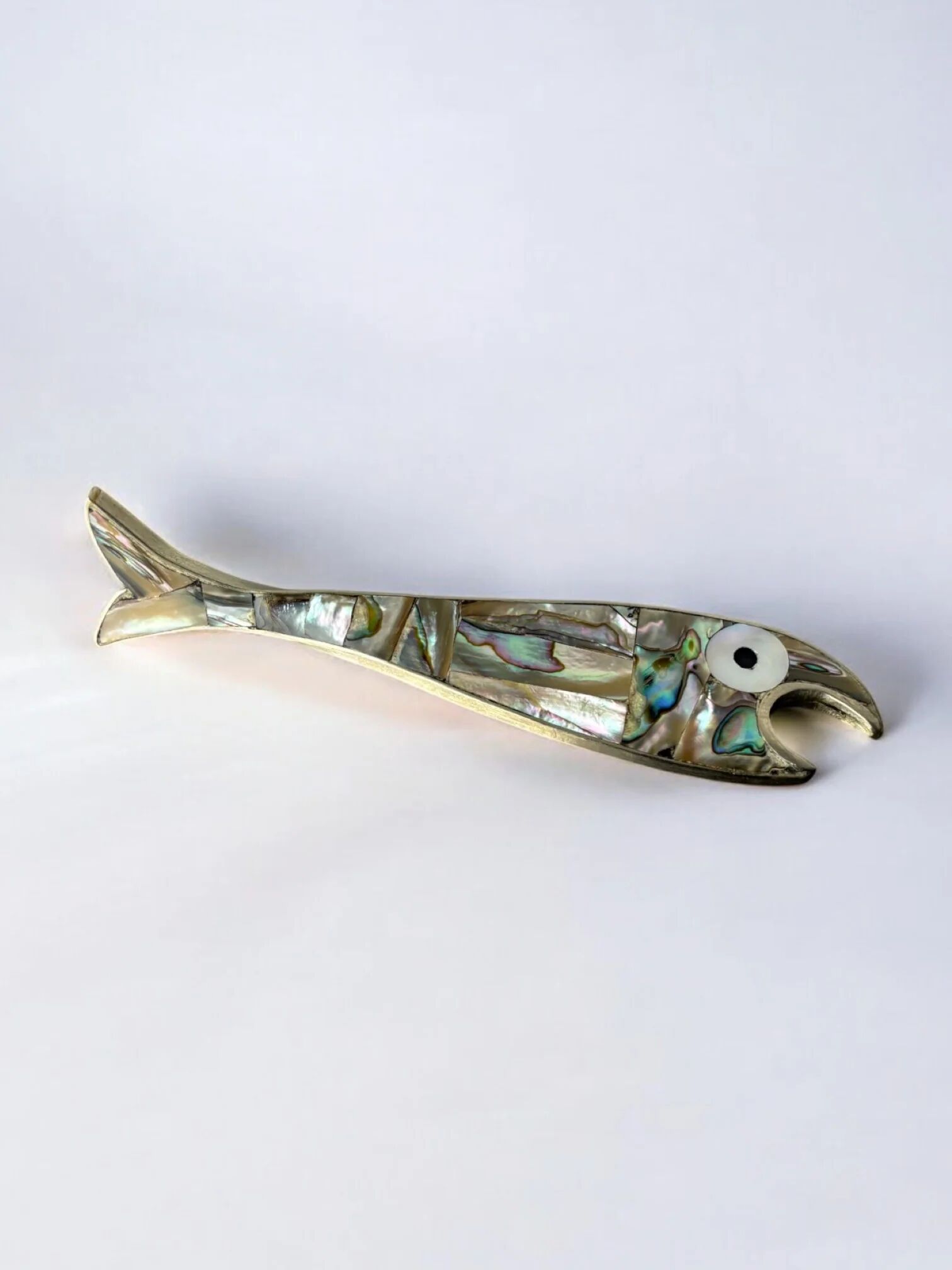 Fish bottle opener, abalone shell & alpaca, Mexico, 1980