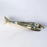 Fish bottle opener, abalone shell & alpaca, Mexico, 1980
