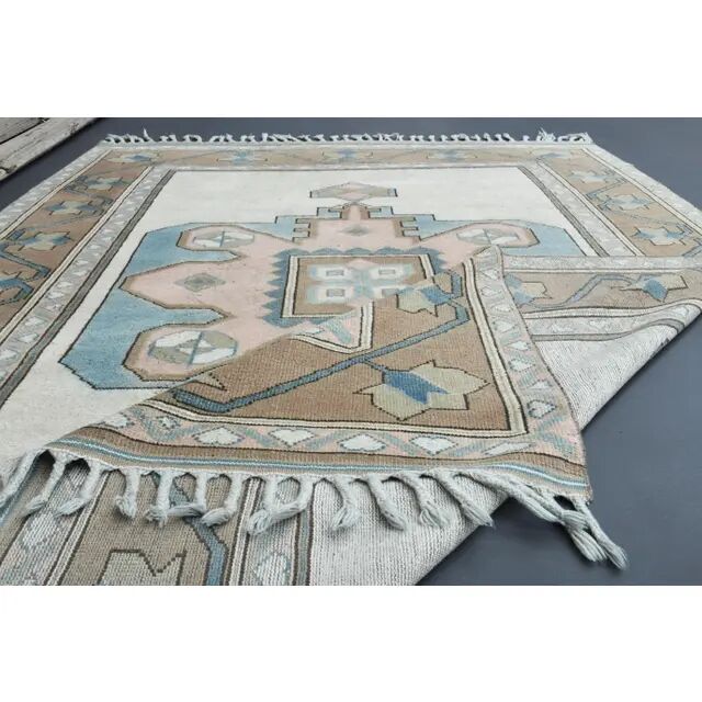 Vintage Turkish Hand-Knotted Wool Cotton Beige Area Rug 193x263