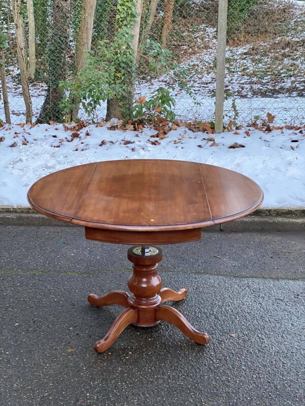 Table à manger ronde bois massif pied central volets extensible XXème