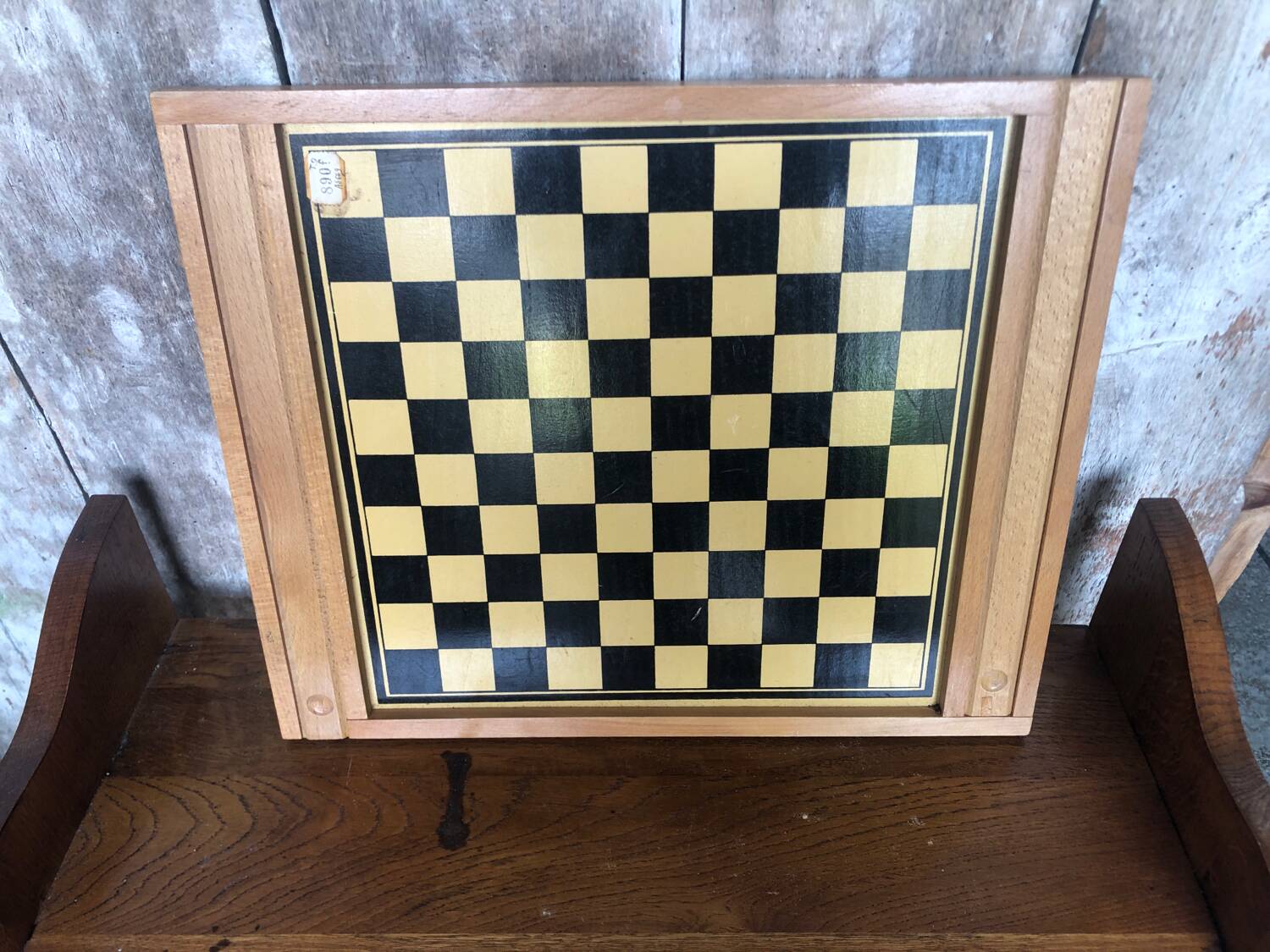 Old Vintage Wooden Double Game Board of Checkers & Small Horses #A782