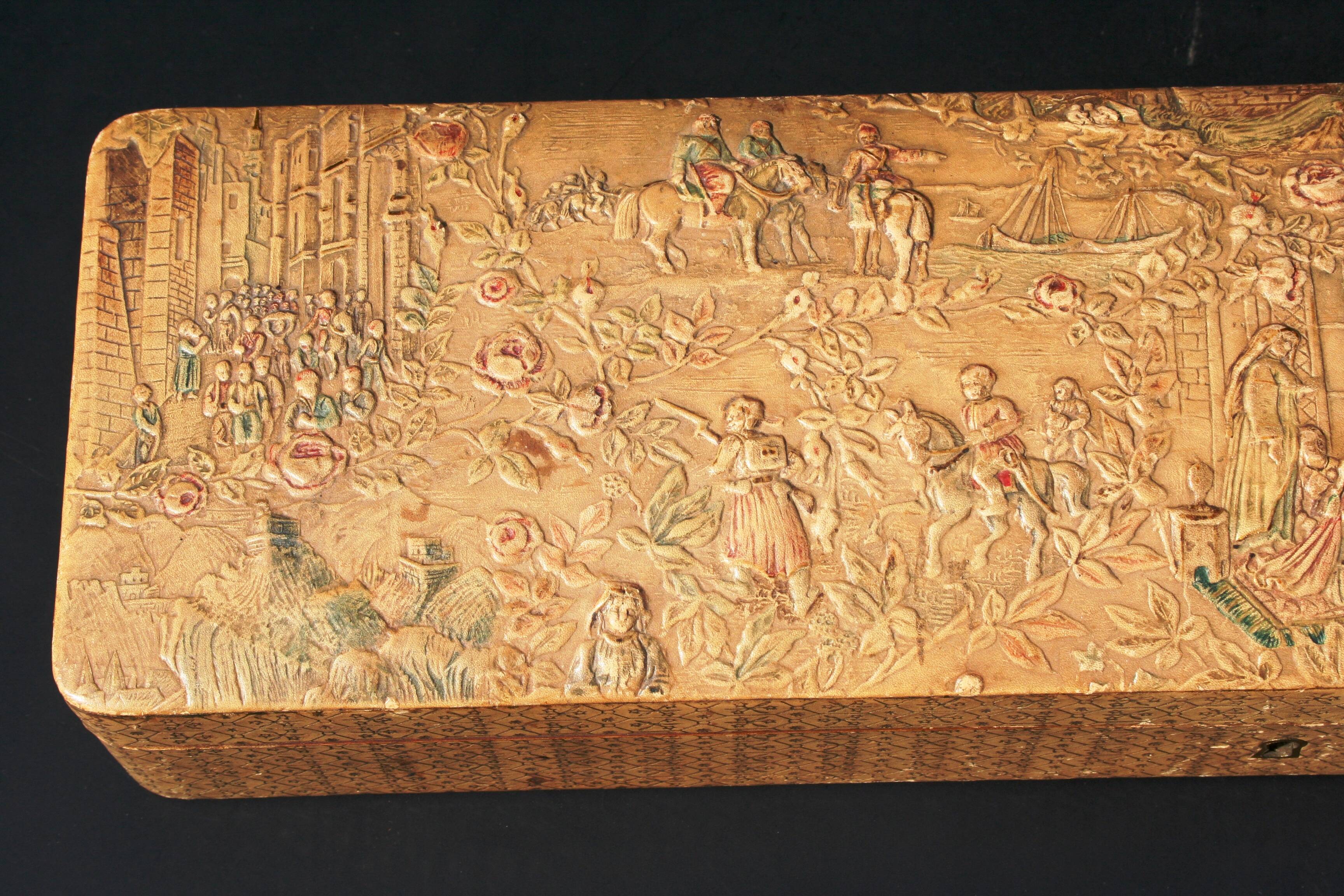 Old embossed leather glove box decorated scenes