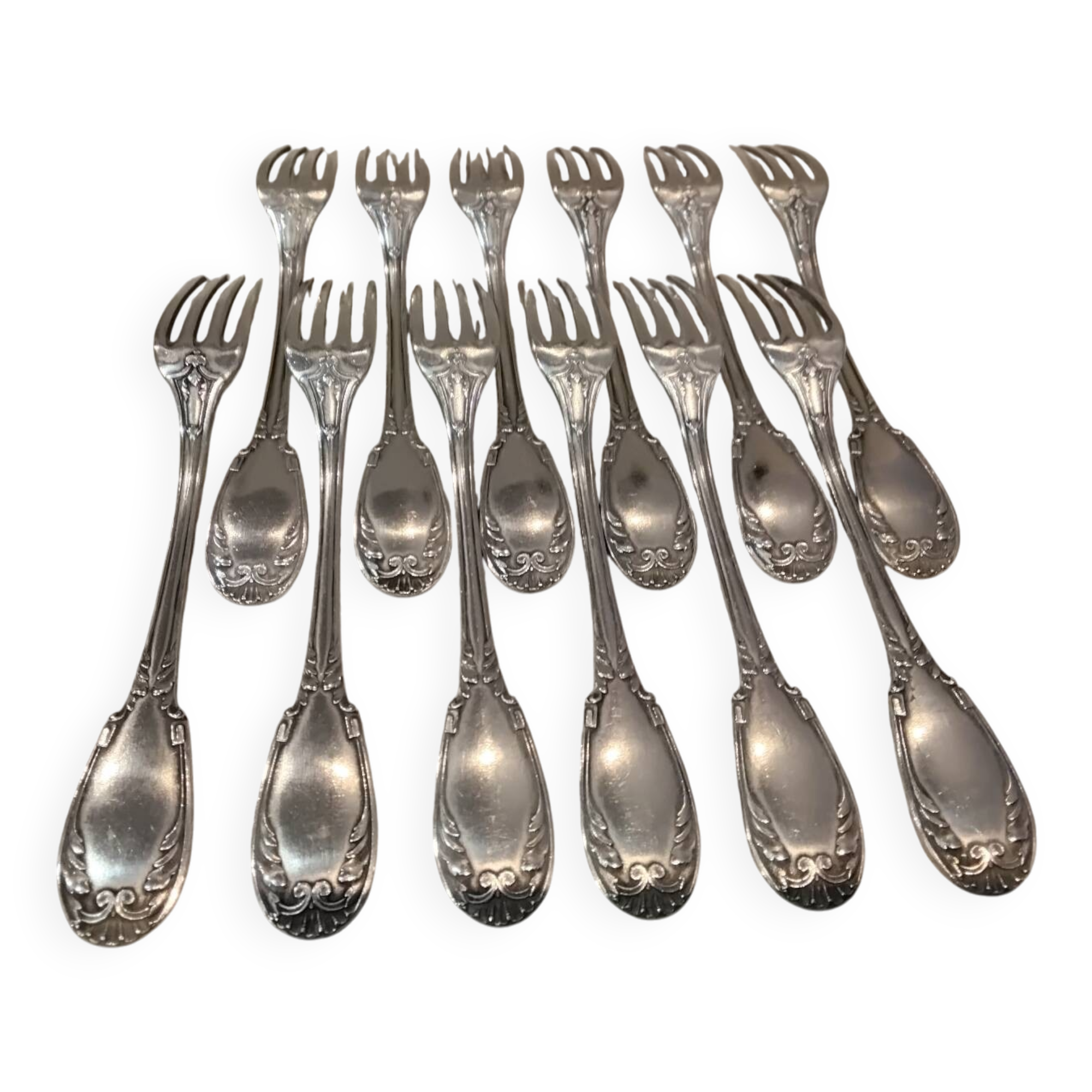 12 silver-plated dessert forks, Louis XVI style, silversmith OD