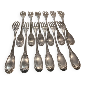 12 silver-plated dessert forks, Louis XVI style, silversmith OD