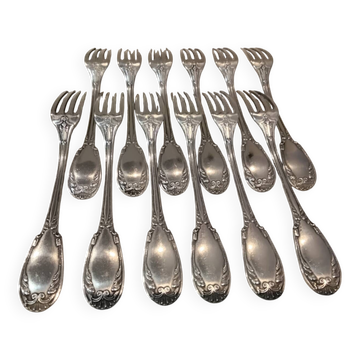 12 silver-plated dessert forks, Louis XVI style, silversmith OD