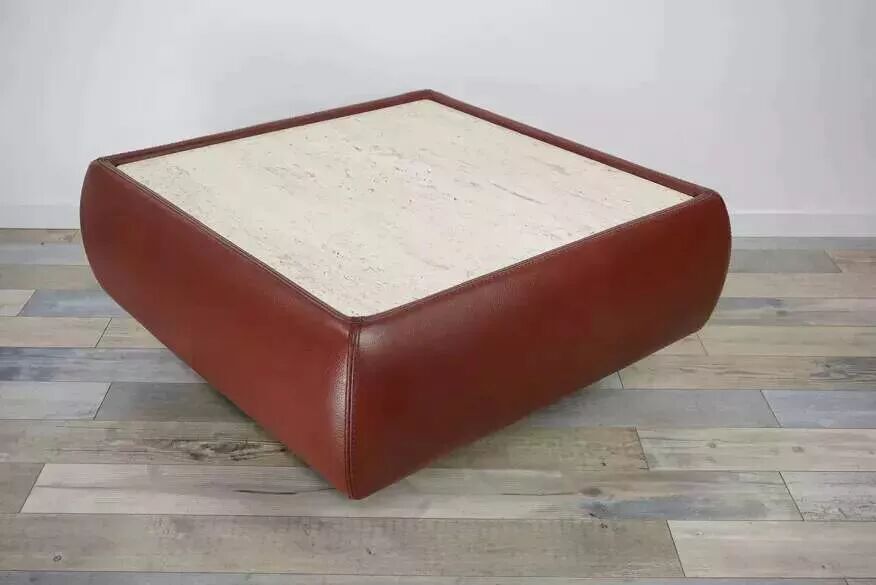 Vintage square travertine and leather coffee table