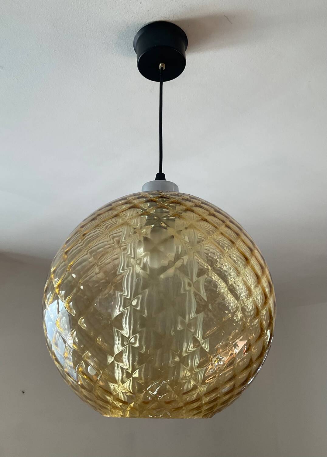 Vintage 70s smoked glass ball pendant light