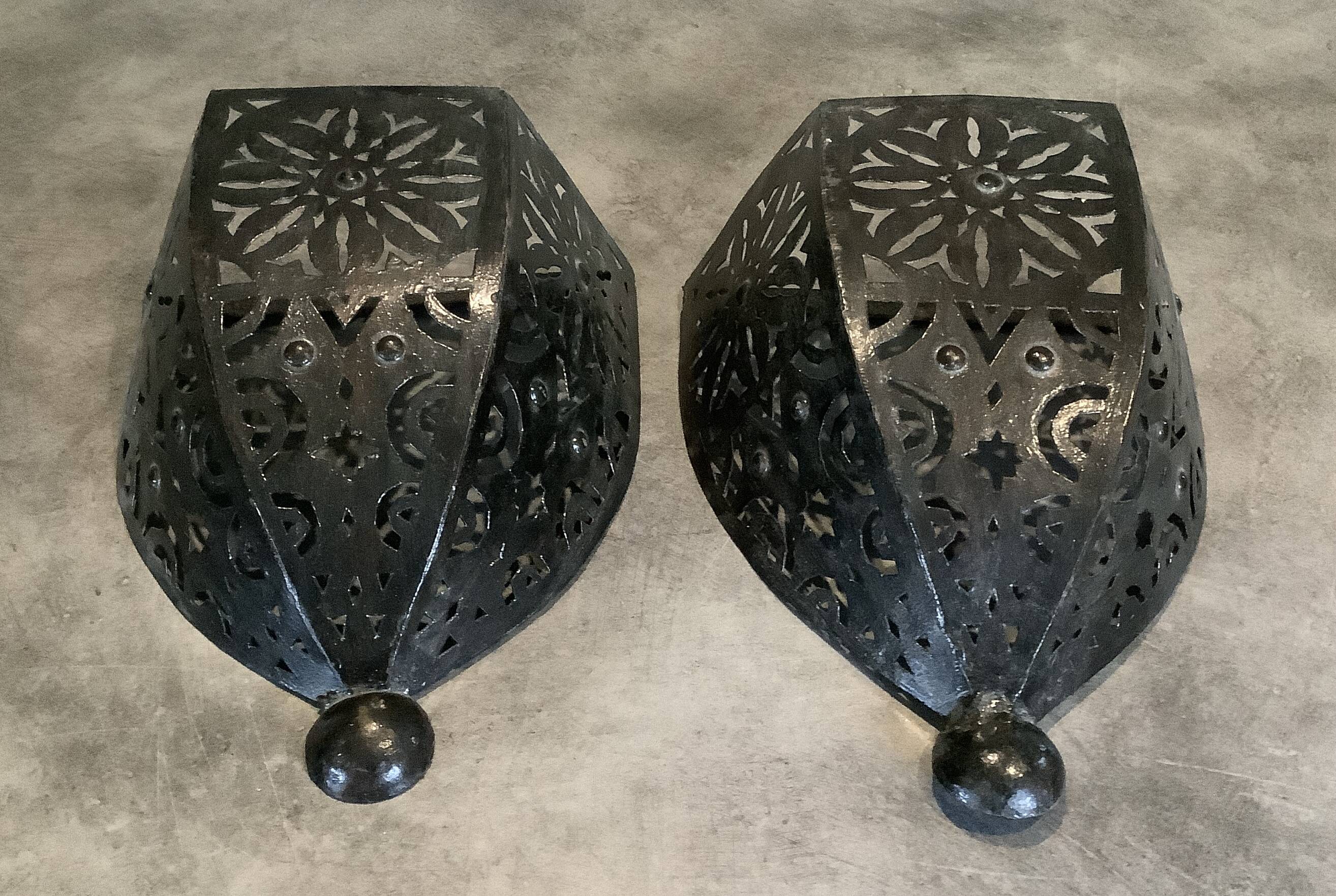 Pair of Wall Sconces in Iron with Cut-Out Patterns