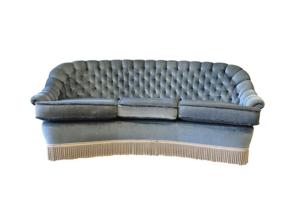 Light blue vintage sofa / armchair with fringes