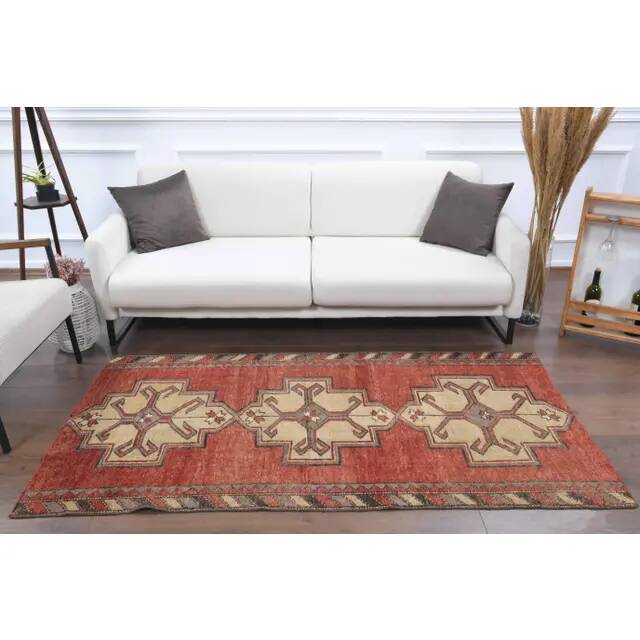 1970s Turkish Oushak Handmade Wool Cotton Red Area Rug 107x200