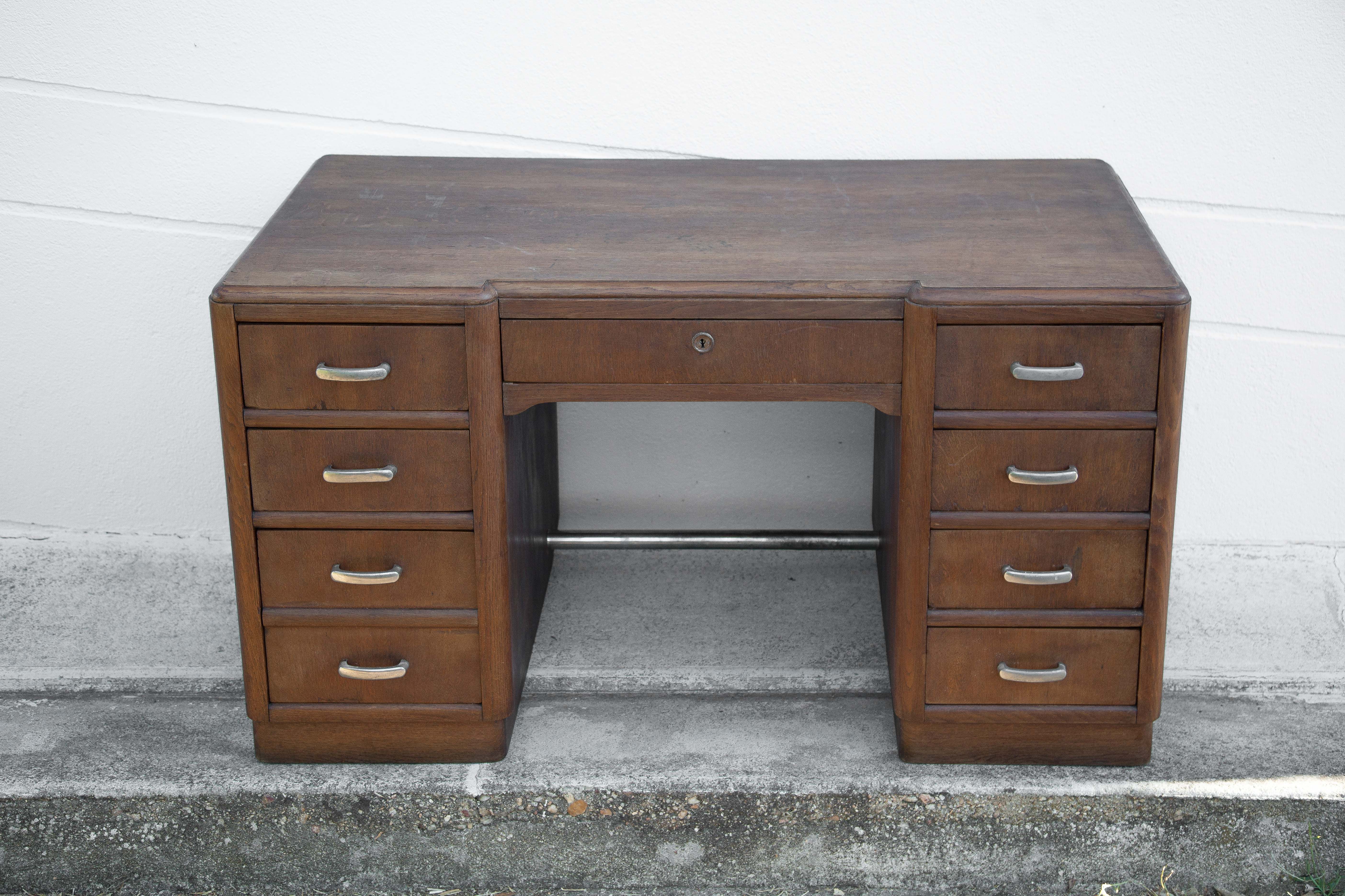 Art deco desk, oak minister's office, large 2-box desk, drawer desk, 40's
