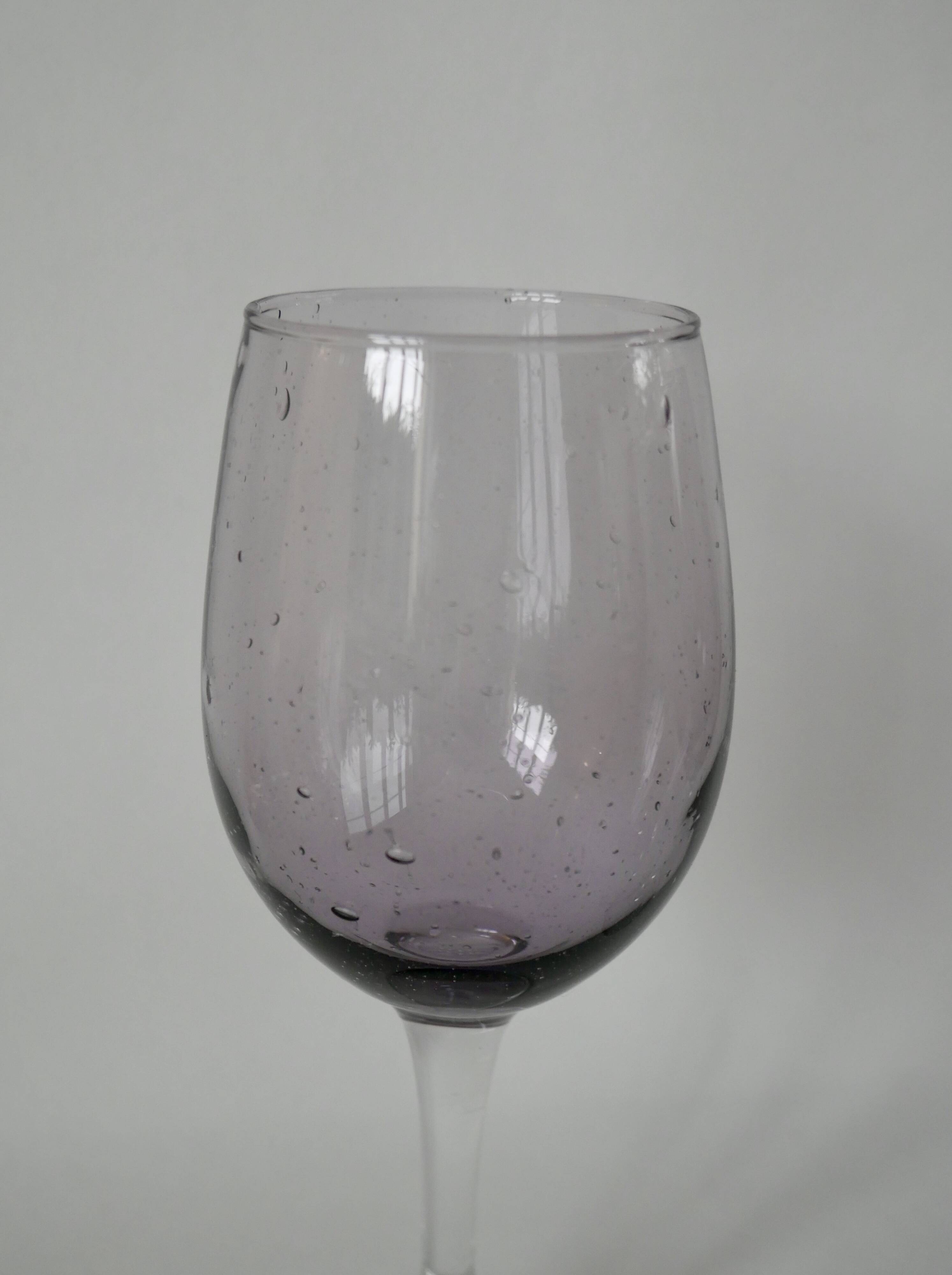 Set of 5 70s purple bubbled glass wine glasses